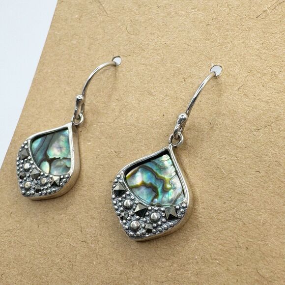Sterling Silver Abalone Marcasite Sparkling Iridescent Drop Earrings SLC 925 Th - Picture 5 of 16